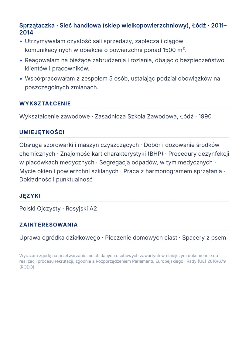 Wzór CV — Pracownik sprzątający — strona 2