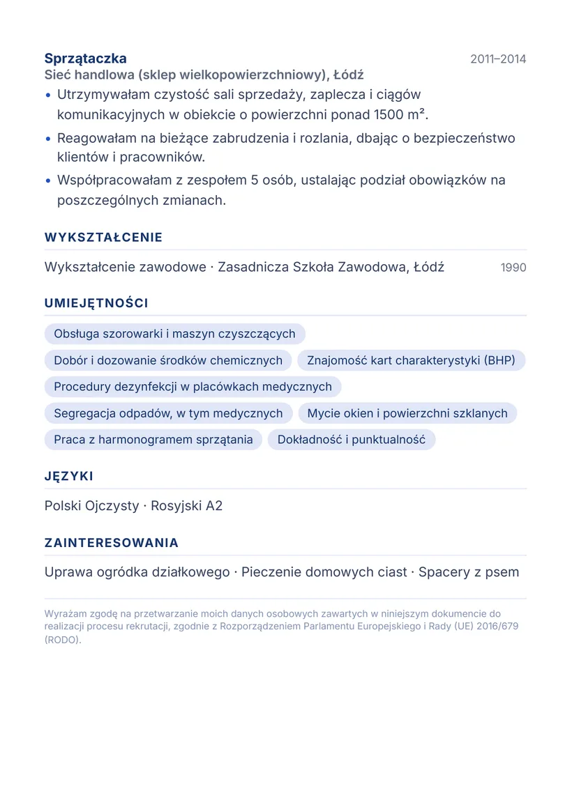 Wzór CV — Pracownik sprzątający — strona 2