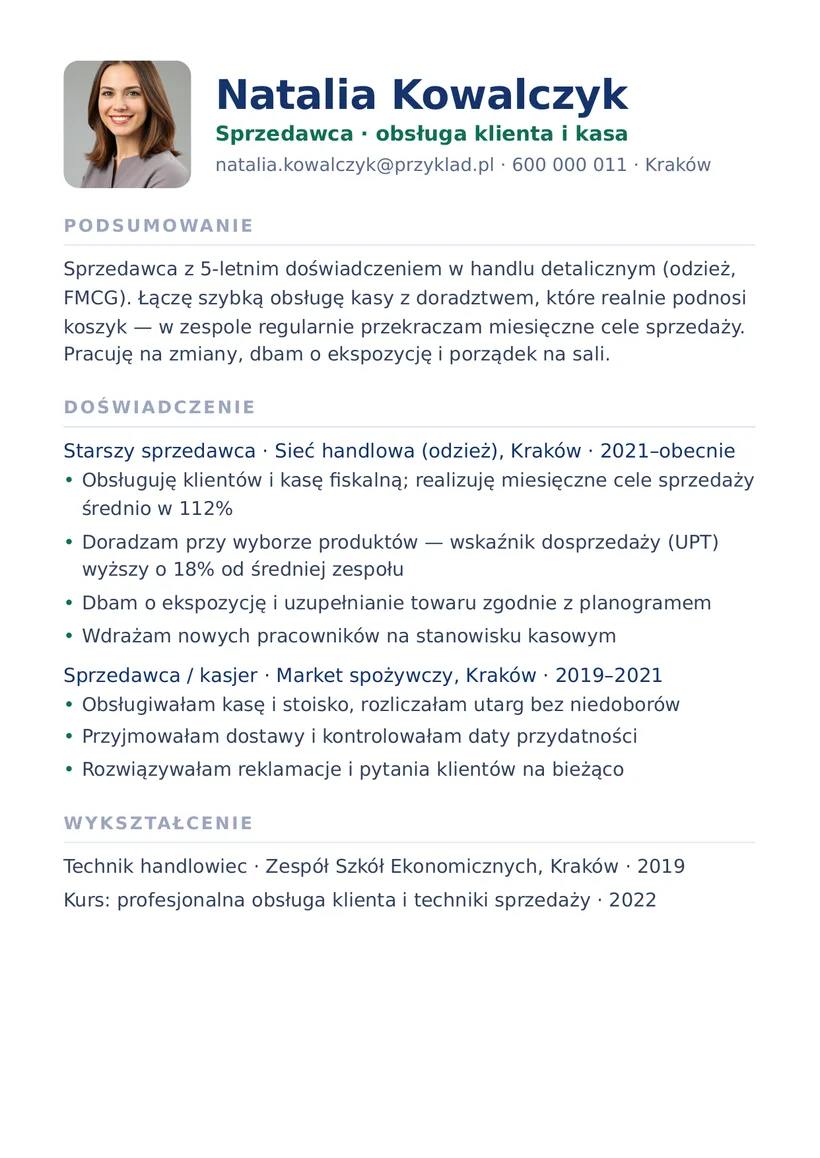 Wzór CV — Sprzedawca / kasjer — strona 1