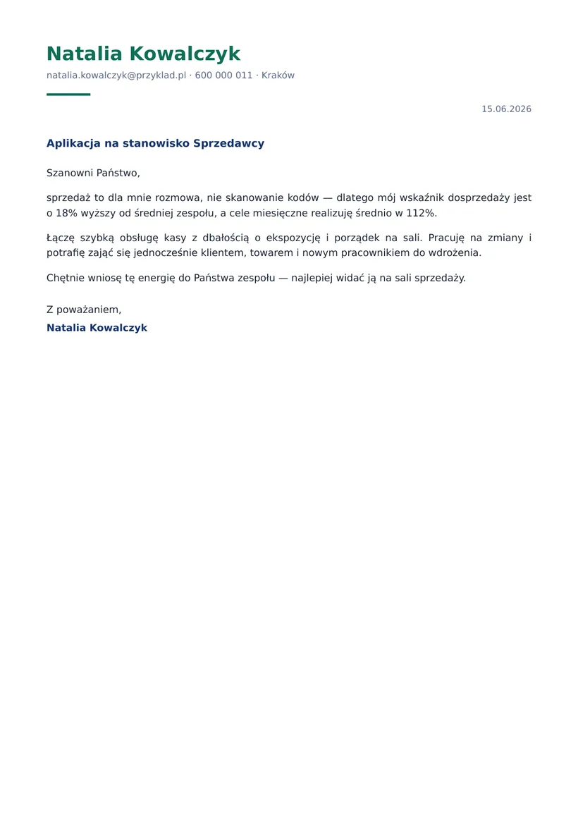 Wzór listu motywacyjnego — Sprzedawca / kasjer