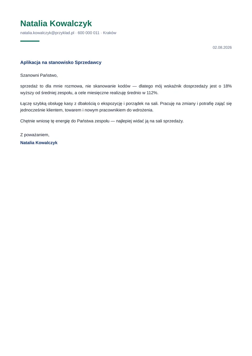 Wzór listu motywacyjnego — Sprzedawca / kasjer