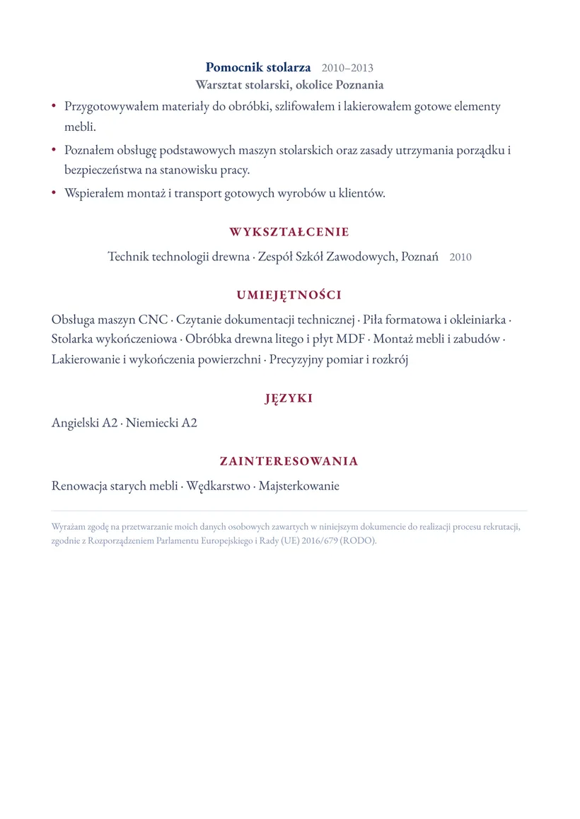 Wzór CV — Stolarz — strona 2