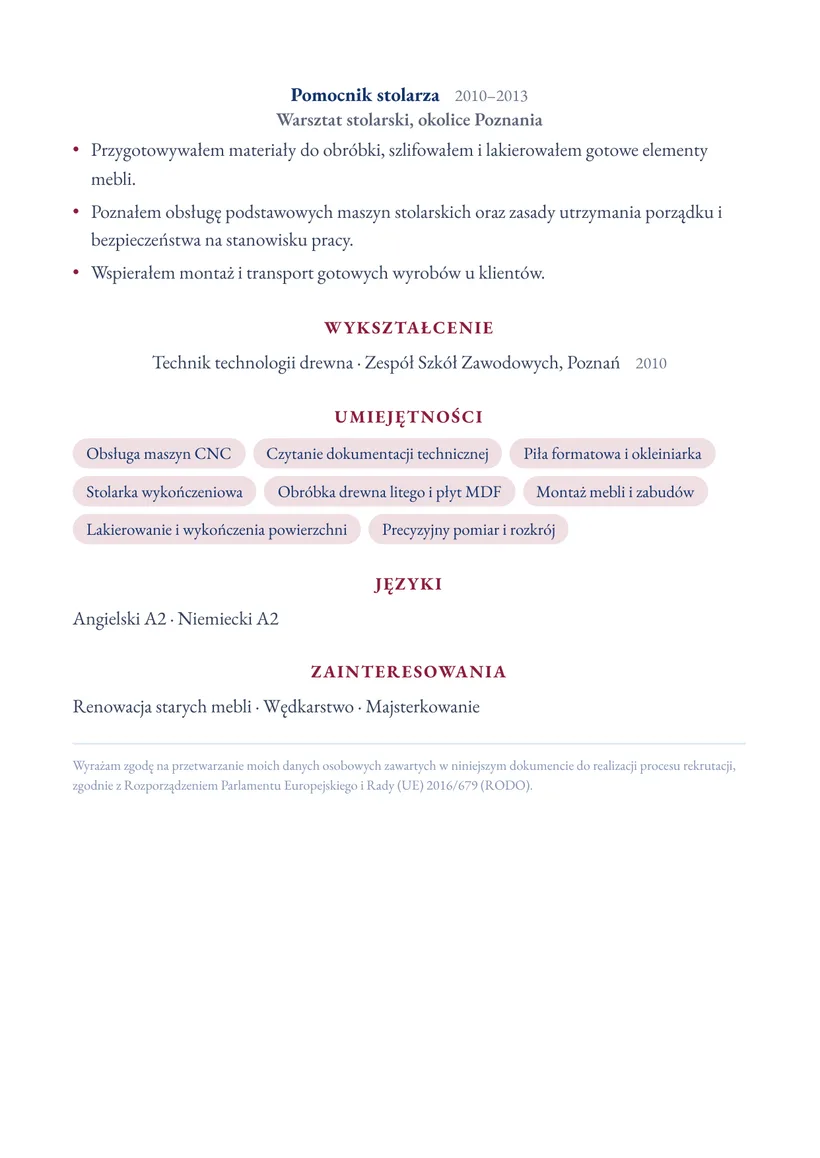 Wzór CV — Stolarz — strona 2