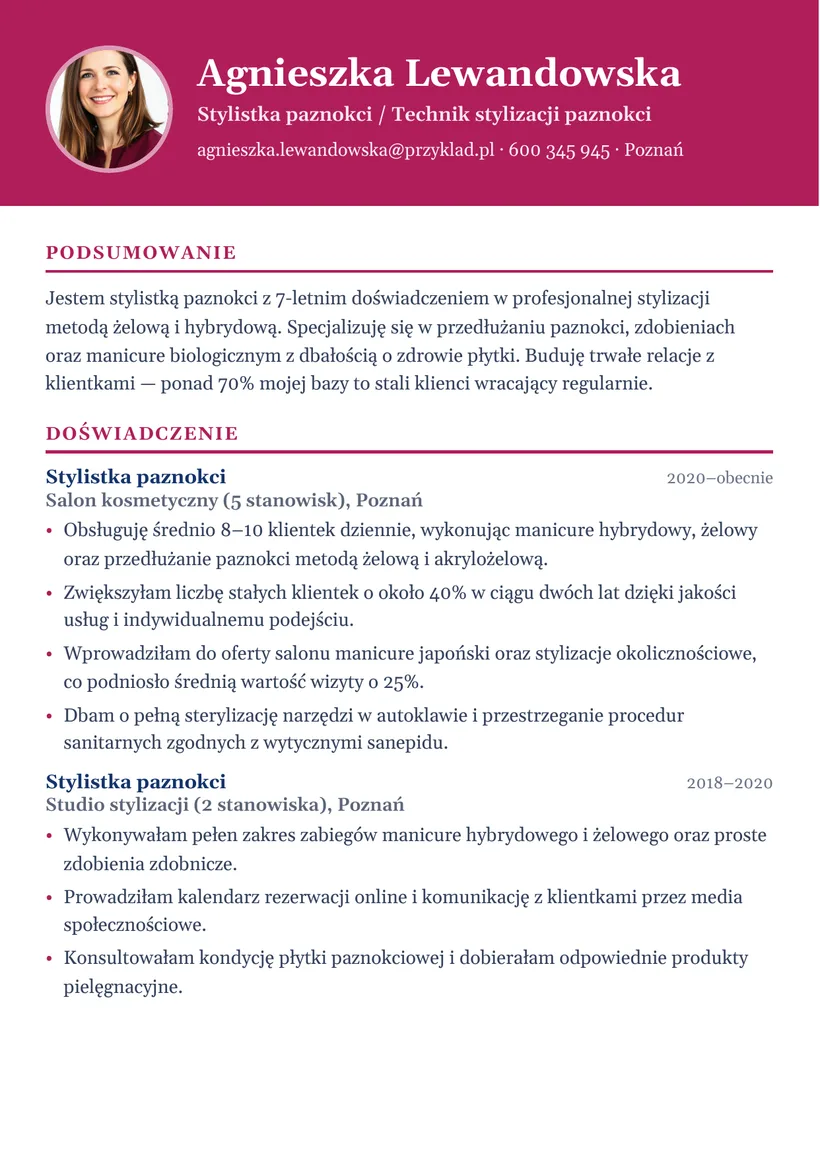 Wzór CV — Stylistka paznokci — strona 1