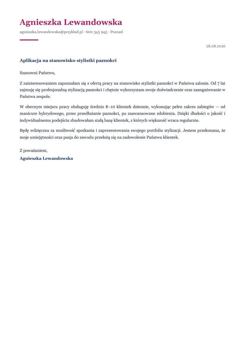 Wzór listu motywacyjnego — Stylistka paznokci