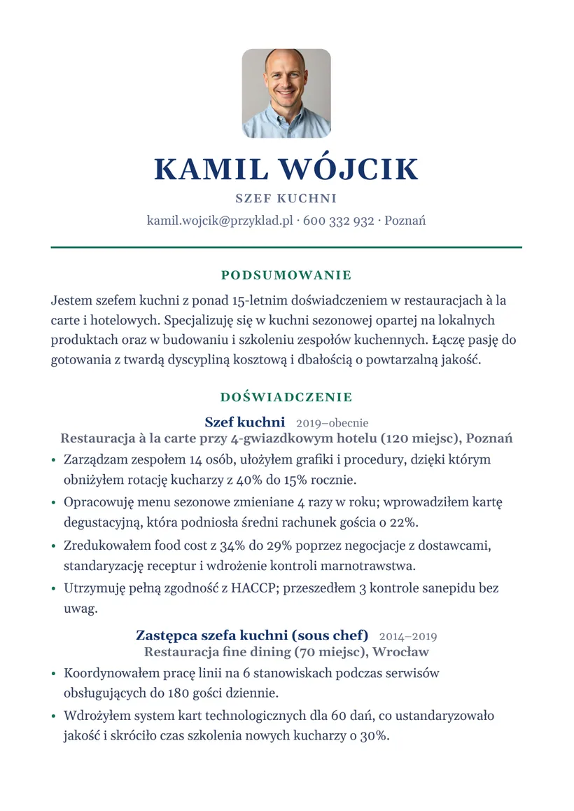 Wzór CV — Szef kuchni — strona 1