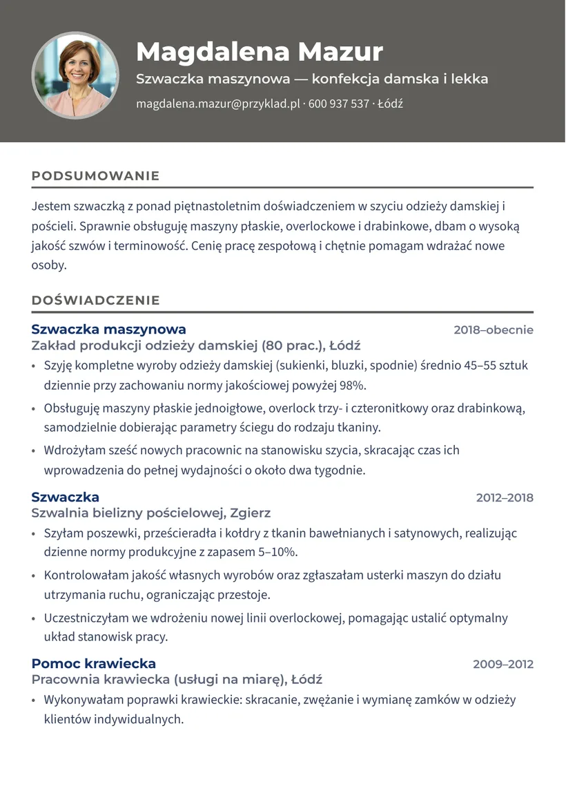 Wzór CV — Szwaczka — strona 1