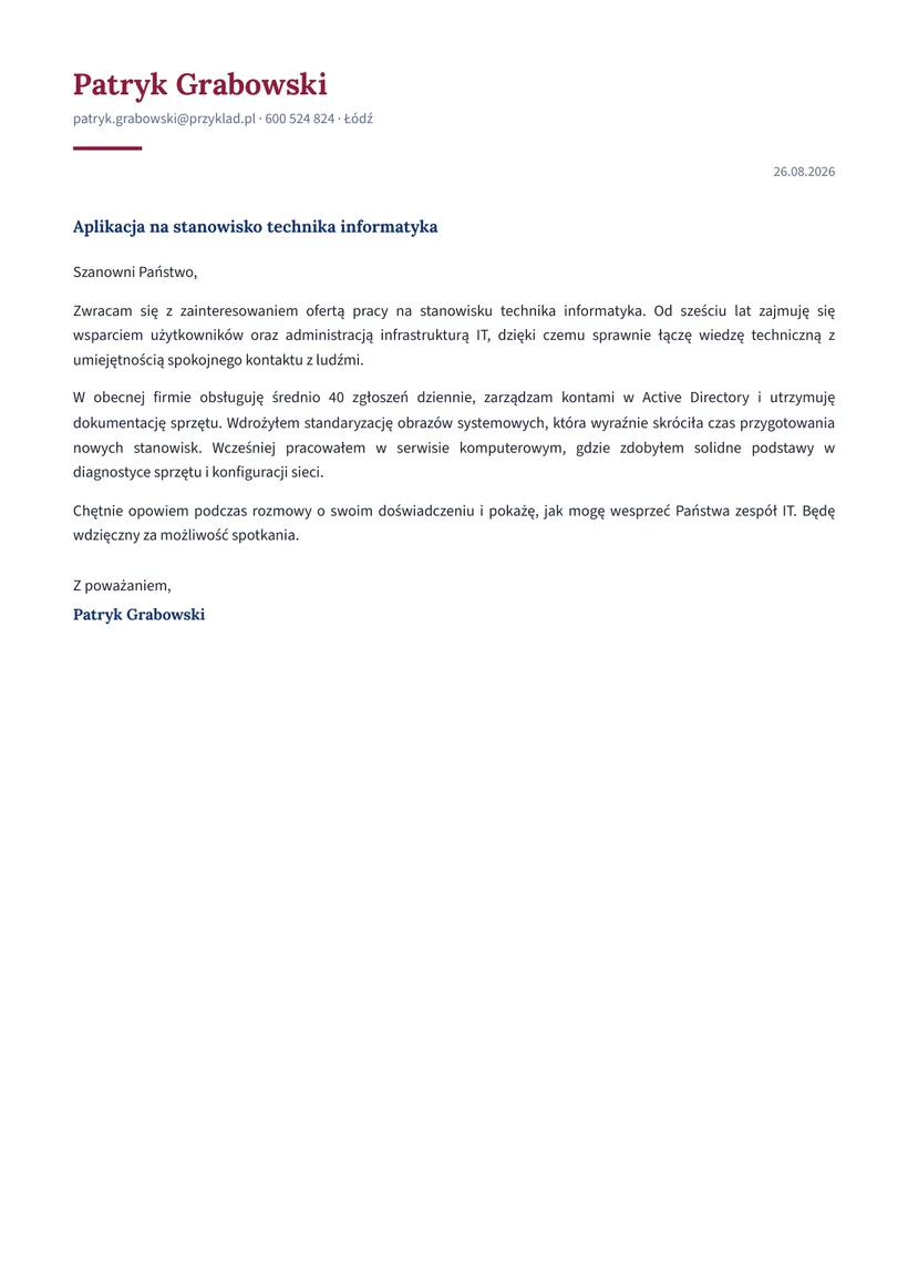 Wzór listu motywacyjnego — Technik informatyk