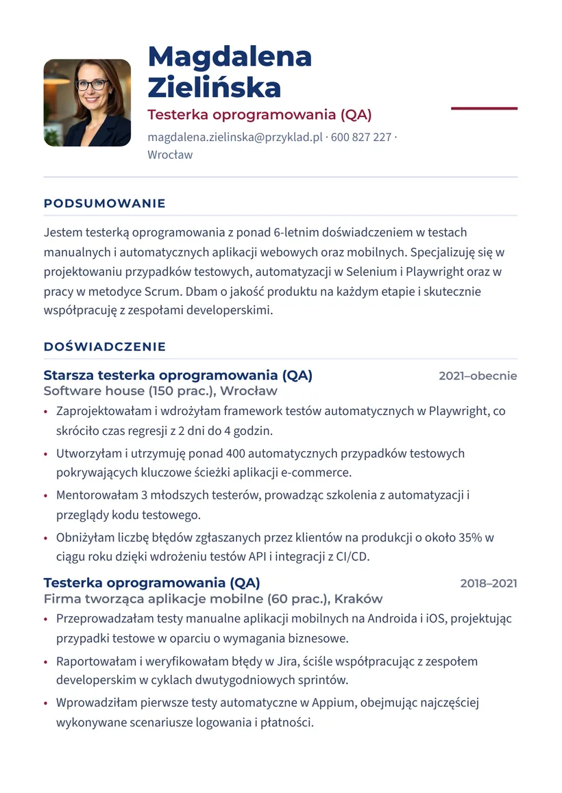 Wzór CV — Tester oprogramowania (QA) — strona 1
