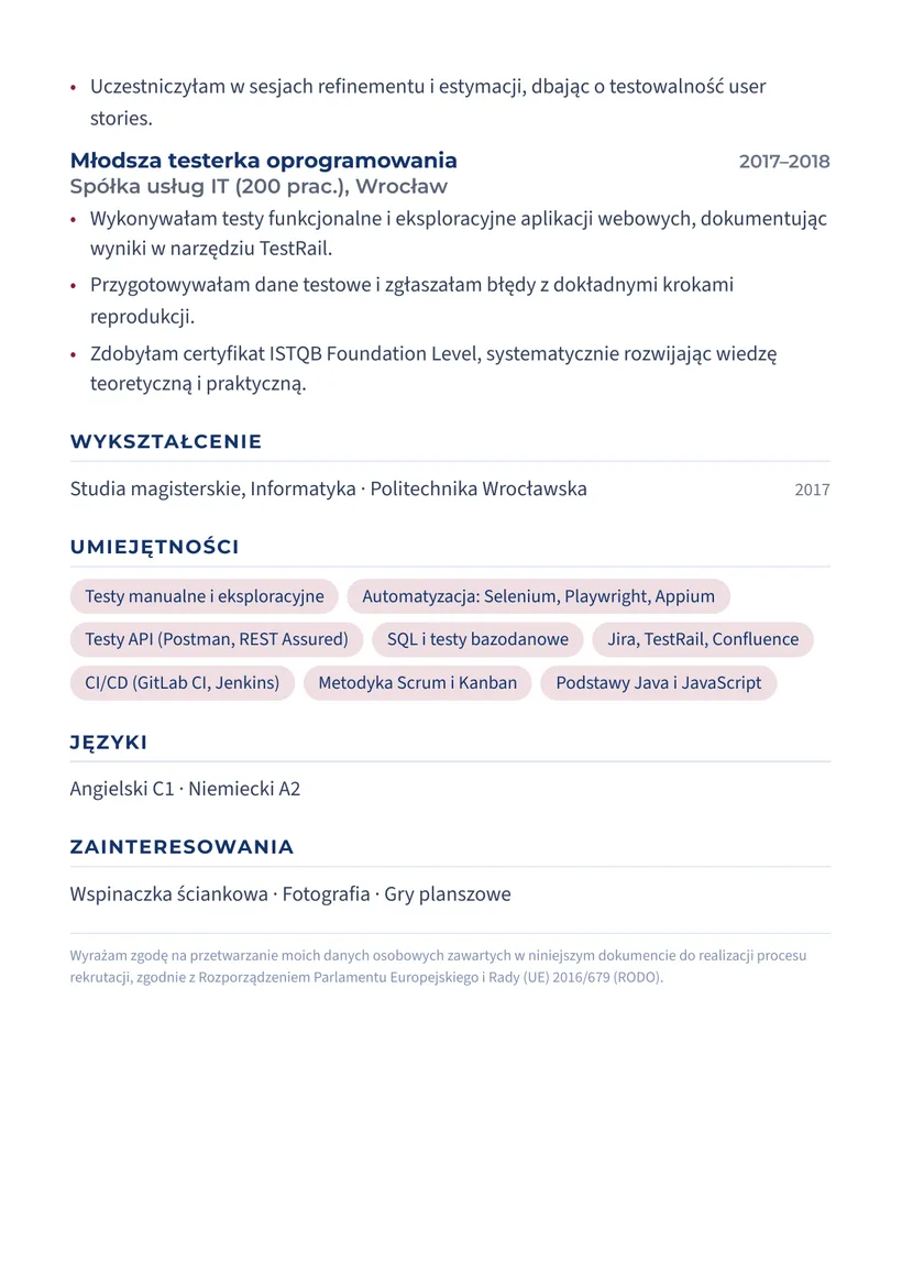 Wzór CV — Tester oprogramowania (QA) — strona 2