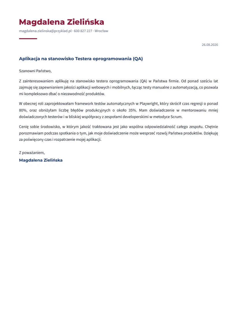 Wzór listu motywacyjnego — Tester oprogramowania (QA)