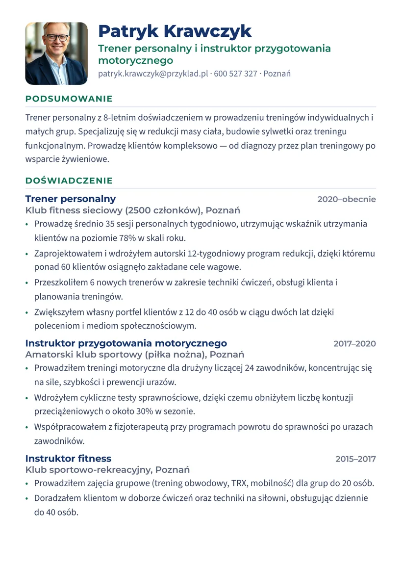 Wzór CV — Trener personalny — strona 1