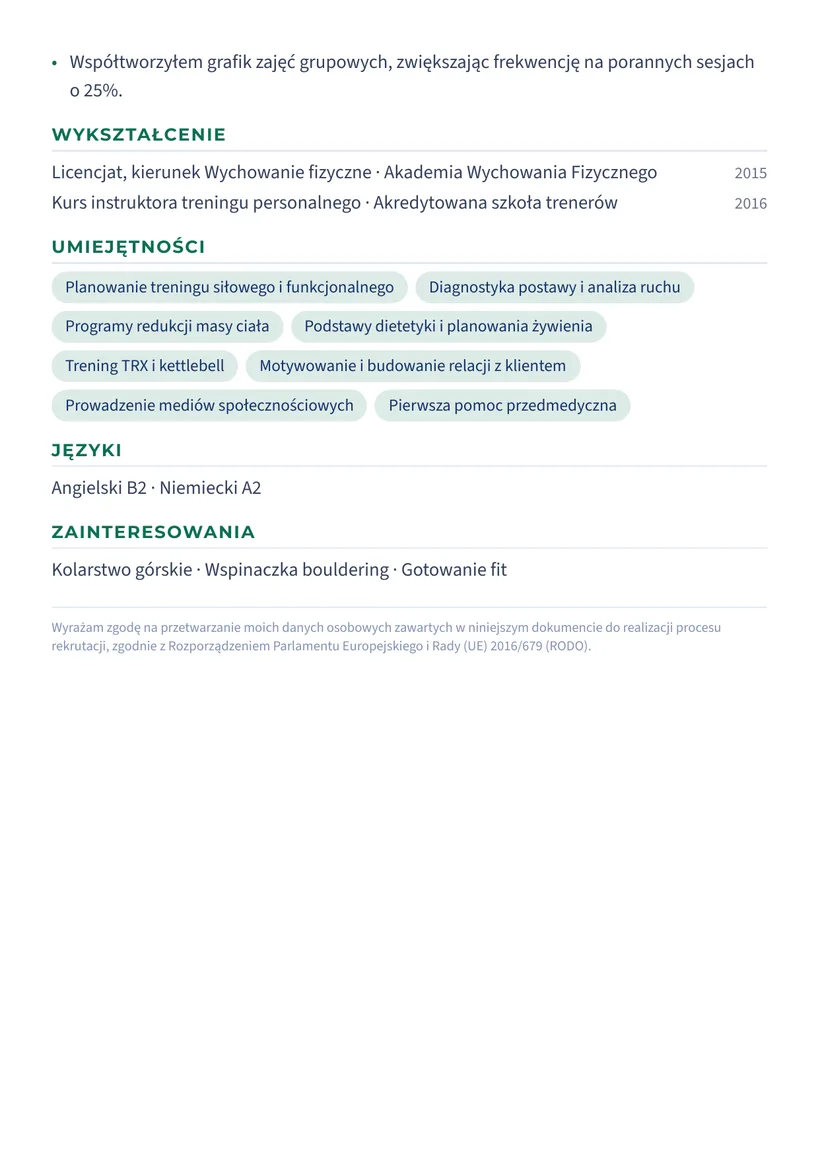 Wzór CV — Trener personalny — strona 2